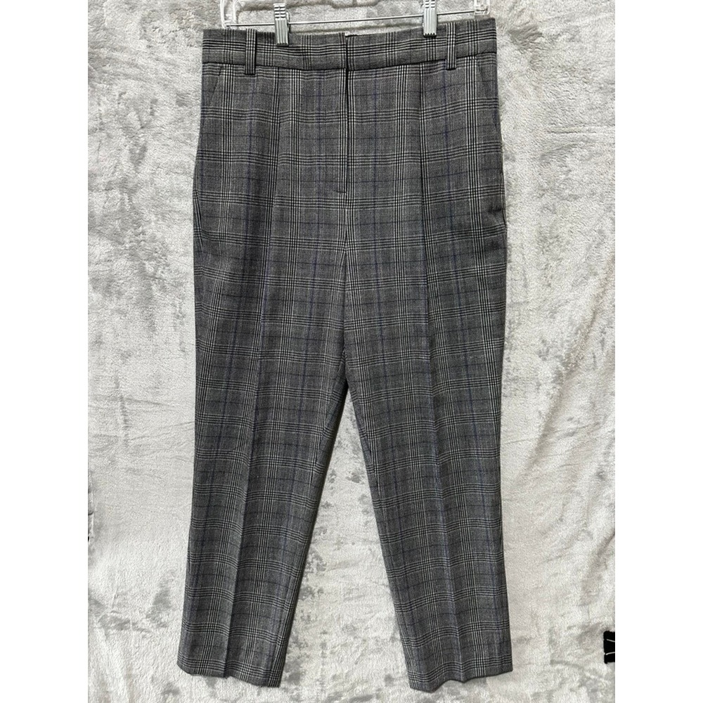Rebecca Taylor Glen Plaid Wool Blend Trousers Grey Blue Check Size 6